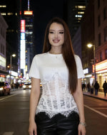 Women's Fashion Casual Elegant style Lace Patchwork Short Sleeve T-Shirt Solid Color T-shirt For Woman Pure Desire Charming 7VN3