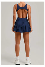 New Large Backless Tennis Dresses Women Solid Color Sleeveless Glare Pleated Yoga Skirt with Pocket Shorts Running Fitness Dress