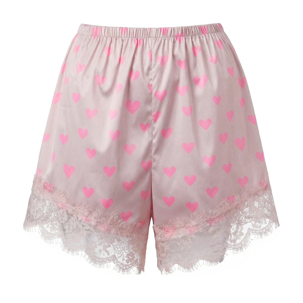Summer Women’s Satin Lace Hem Shorts Elastic Waist Loose Fit Wide Leg Short Pants Casual Lounge Bottoms Solid Color