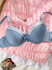 Women Ribbed Push Up Bra Lace Trim Splicing Bow Sexy Bras Daily Thin Cup Underwire Comfortable Bra