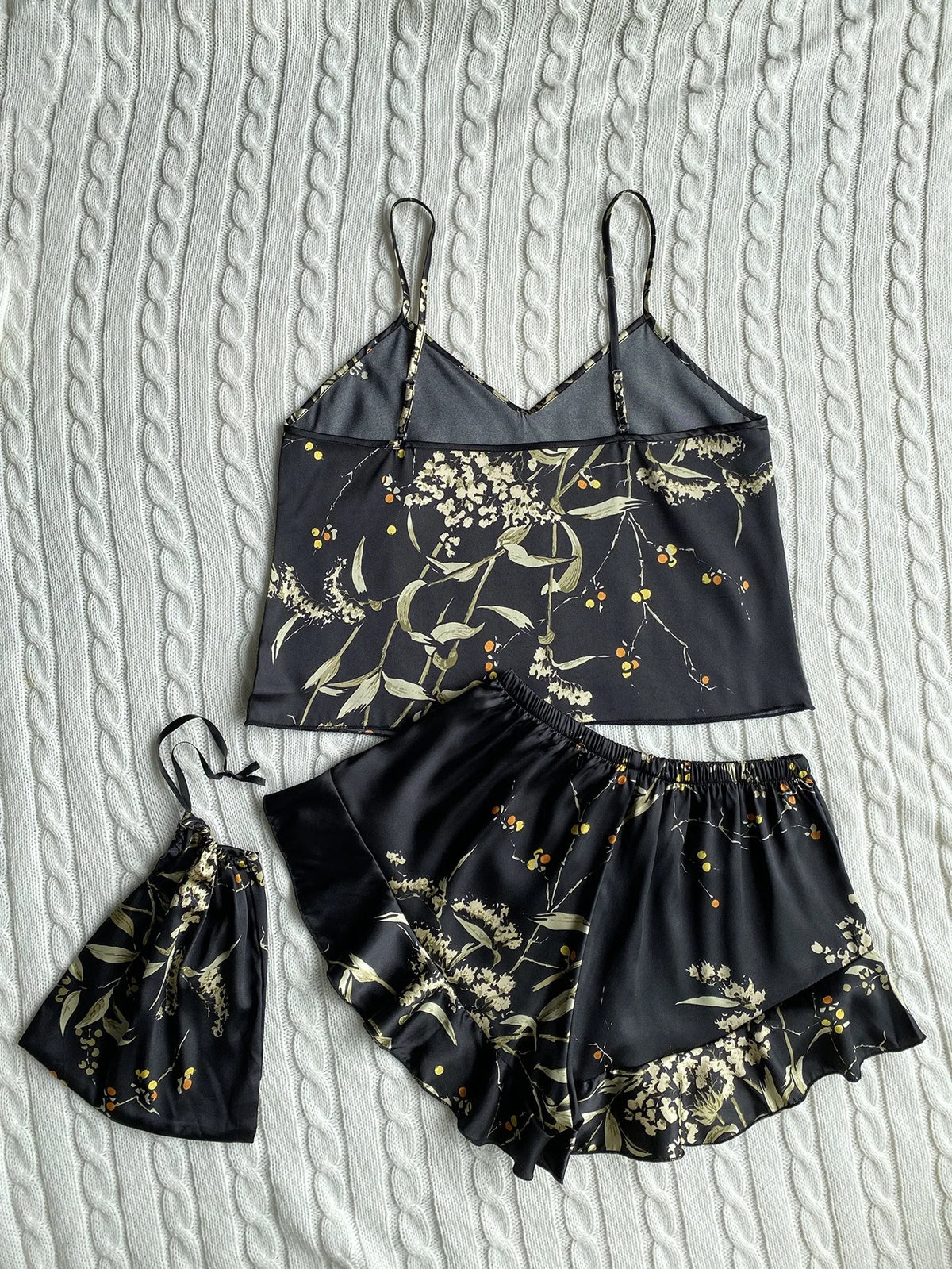 Spring Summer Silk Sleepwear Set, Fashion Print Shorts Pajamas Home Wear, Sexy Strap Dress Storage Bag, Comfortable Women's Nigh