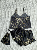 Spring Summer Silk Sleepwear Set, Fashion Print Shorts Pajamas Home Wear, Sexy Strap Dress Storage Bag, Comfortable Women's Nigh