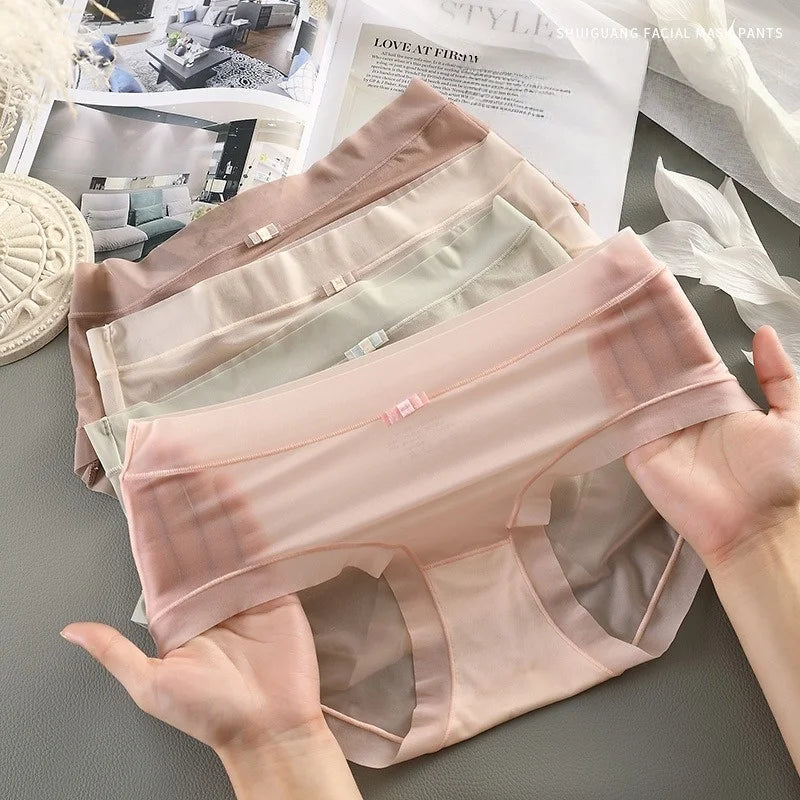 4Pcs/Set Women Ice Silky Panties Soft Briefs Seamless Underwear Summer Sexy Lingerie Female Underpants Low Rise Panties M-XL