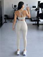 Halter Neck Yoga 2Pcs Set Women Soft Stretchy Top & Long Pants Gym Wear
