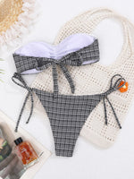 Sexy Bandeau Micro Bikini 2026 Women Bow Black Plaid Print Pleat Push Up Bra Bandage Thong Swimsuit Summer Bathing Suit Swimwear