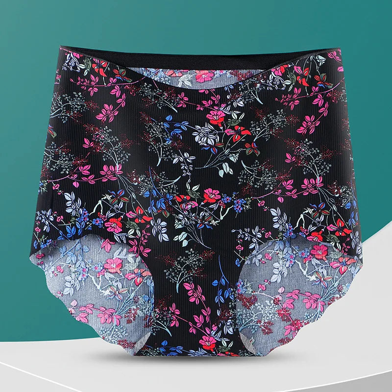 Women High Waist Panties Ice Silk Seamless Tummy Control Briefs Sexy Printing Flowers Soft Comfort Underwear Butt Lifter Panty