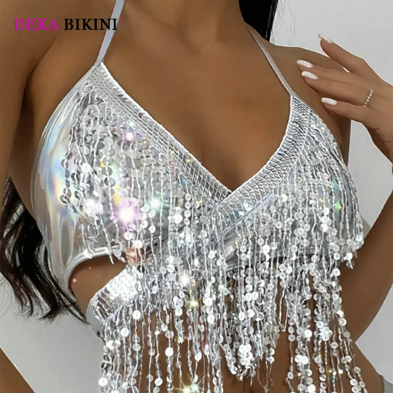 DEKABrazilian Silver Sequin Tassel Bikini Set Women's Halter Fringes Bra Shorts Nightclub Swimsuit Dance Stage Outfit Swimwear