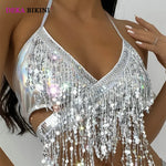 DEKABrazilian Silver Sequin Tassel Bikini Set Women's Halter Fringes Bra Shorts Nightclub Swimsuit Dance Stage Outfit Swimwear