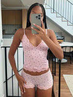 Women Pajama Set 2 Piece Floral Lace Trim Camisole Top and Shorts, V Neck Adjustable Strap Summer Sleepwear