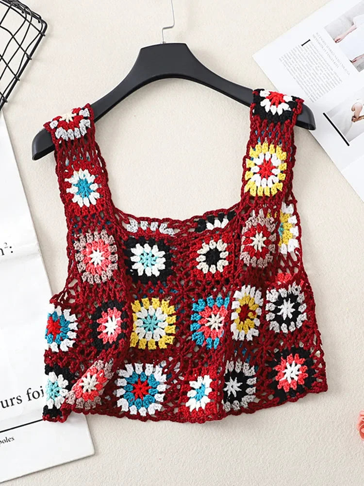 Summer Women Flower Crochet Vest Sleeveless Cover-ups Hollow Out Knit Crop Tops Bohemian Casual Daily Beach Tank Tops