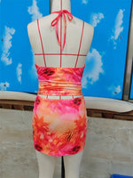 Summer Women's Printed 2 Piece Skirt Outfits Sleeveless Halter V Neck Tank Tops with Skinny Mini Skirt Sets Bohemian Beach Sets