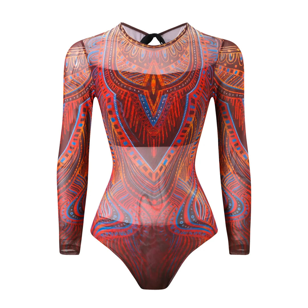 S - XXL Printed Long Sleeve With Sarong One Piece Swimsuit Women Swimwear Female Flowers Padded Bather Bathing Suit Swim K7181
