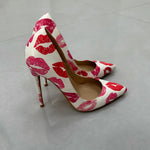 white lipstick Lips Printed High Heel Shoes 12cm 10cm 8cm Pink Colorized Shallow Dress Pumps Pinted Toe Slip-On Banquet Heels