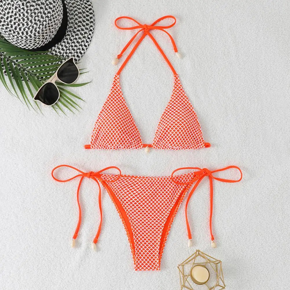 2Pcs/Set Women Bikini Set Chest Pad Push Up Halter Neck Bra Adjustable Side Straps Swimming Briefs Set Lady Mesh Summer Swimwear