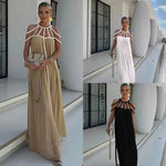 Summer Sleeveless Party Dress, Women Loungewear O-Neck Hollow Out Party Dress, Solid Color Patchwork Beach Style Ladies Dress