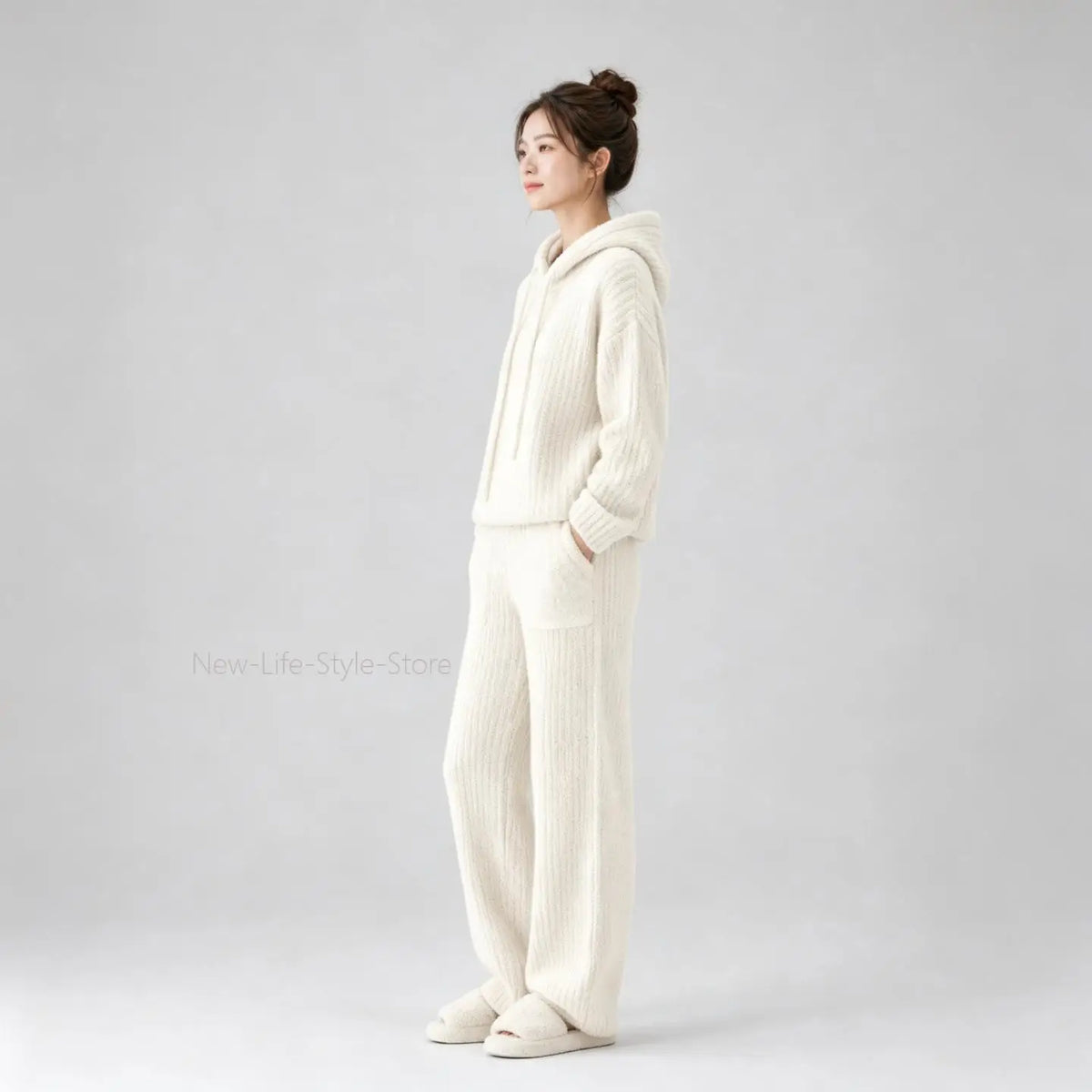 Soft Vertical Texture Loose Wearable Outside Autumn Winter Sleepwear Women Korean Lazy Style Hooded Half Velvet Pajama Set