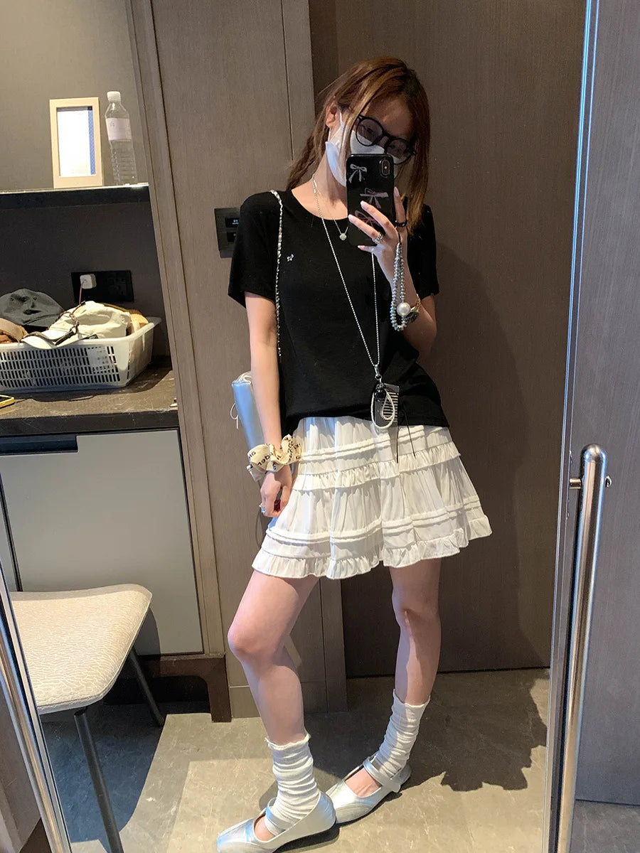 Sweet Korean Style Lace Loose Short Skirt White Tiered Ruffled Mini Skirt Elastic Waist Cute Casual Summer Skirt For Women EHAB