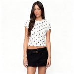 Women's summer fashion retro polka dot short-sleeved printed slim round neck top