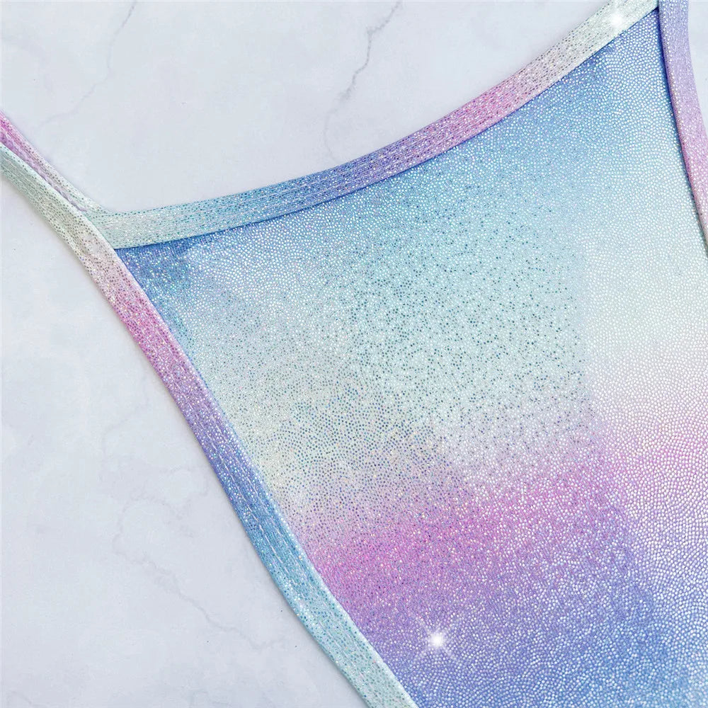 Sexy Color Shiny Bikini Swimsuit One Piece Swimwear Women String Thong Backless Monokini High Cut Bathing Swimming Suits Wear