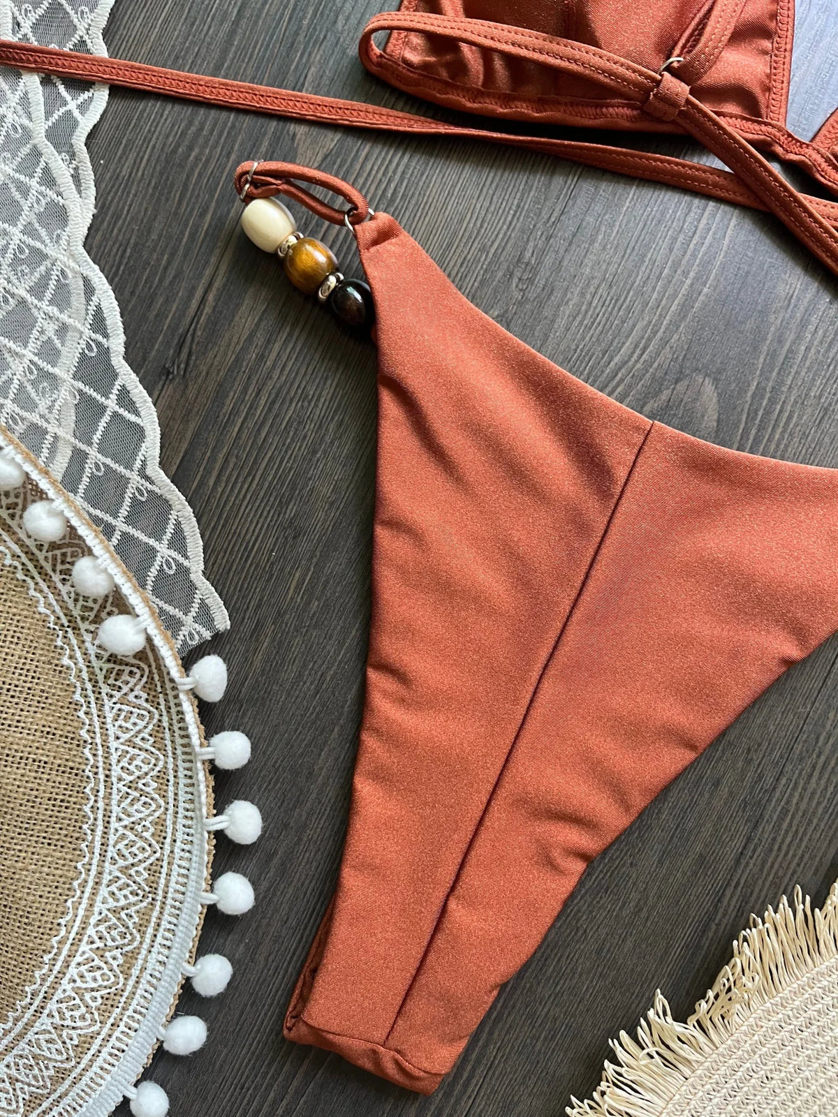Sexy Pearls Strap Hole Out Micro Bikini Women Brown Knitted Push Up Bra Thong Swimsuit Summer Bathing Suit Holiday Swimwear 2026