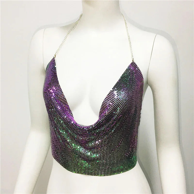 DEKA Bling Bikini Tops Deep V Neck Vest Backless Sequins Women Crop Top Night Club Diamonds Metal Tank Adjustable Halter Shiny