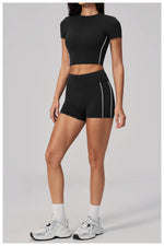 Color Contrast Yoga Suit Women Short Sleeve O Neck Sports T Shirts Tracksuit Outwear High Waist Shorts Gym Running Fitness Suits