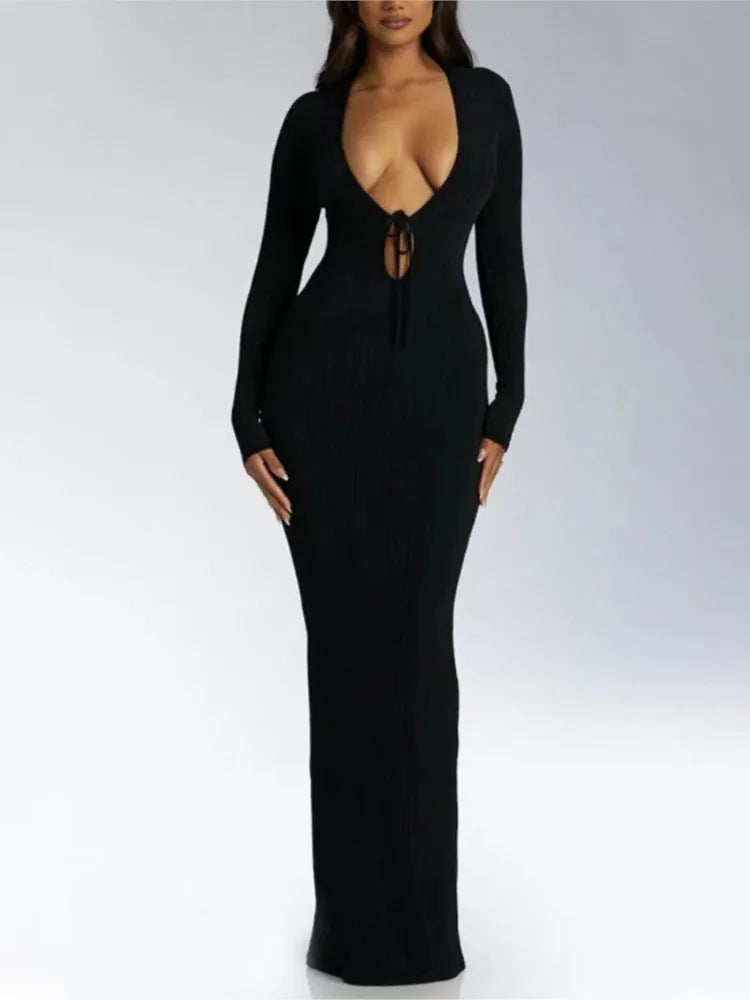 Trendy Solid Color Slim Long Dresses Women Sexy Deep V-neck Hollow Out Leace-up Package Hip Bodycon Party Dress Female Vestidos