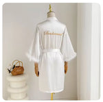 Fashion Satin Robe Female Bathrobe Sexy Lingerie Silk Kimono Bride Dressing Gown Women Sleepwear Furry 3/4 Sleeve Gown Bathrobe