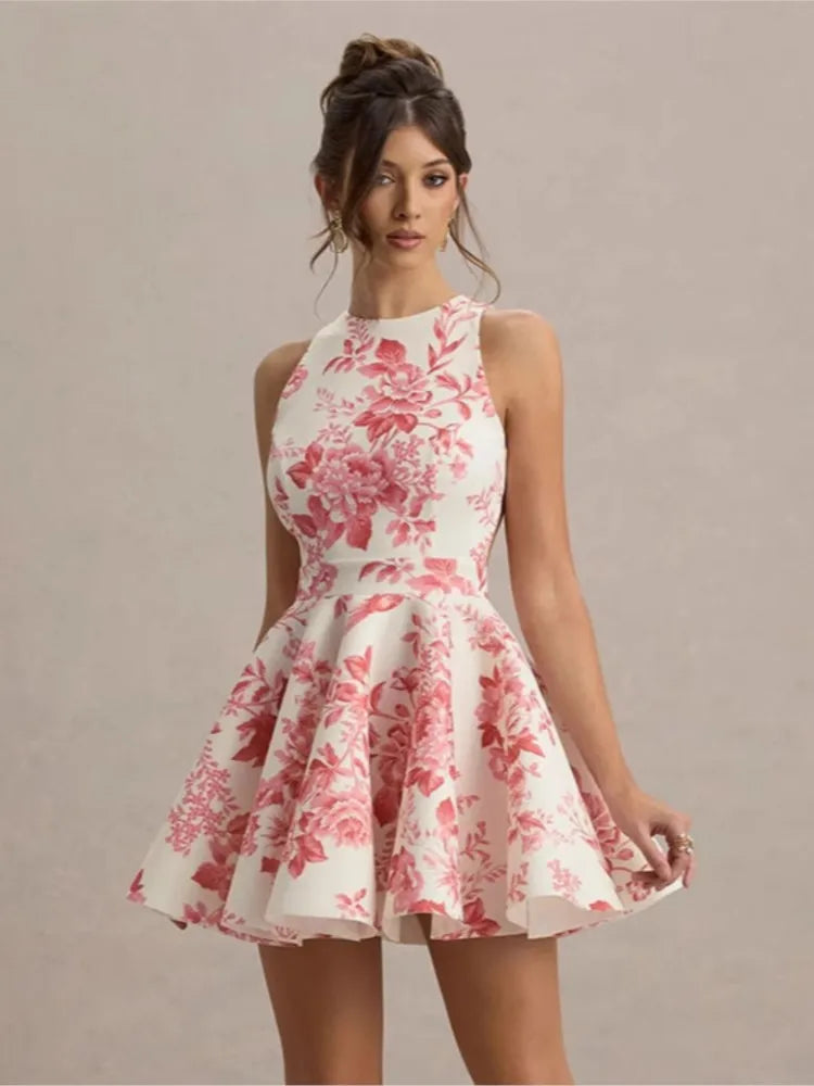 Tank A-Line Mini Dress For Women Fashion Sexy Streetwear Floral Printed Sleeveless Halter Neck Backless Lace-up Vestidos Female