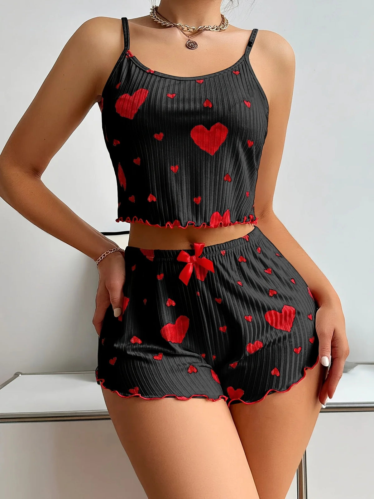 2 Pieces Pajamas Set Women Sleepwear Heart Print Crop Tops and Shorts Suit Homewear Underwear Pijama Sexy Lingerie Nighty