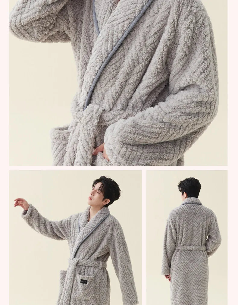 Men Women Jacquard Coral Fleece Bathrobe Autumn Winter Thick Warm Couple Sleepwear Soft Plush Loose Indoor Home Loungewear