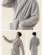 Men Women Jacquard Coral Fleece Bathrobe Autumn Winter Thick Warm Couple Sleepwear Soft Plush Loose Indoor Home Loungewear