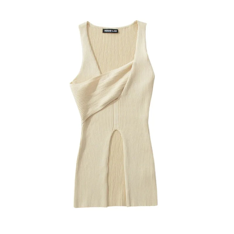 Stylish Cross-over Irregular Neckline Sleeveless Knitted Vest For Women Niche Sexy Slit Slim-fit Top CasualPure Desire 0FY1