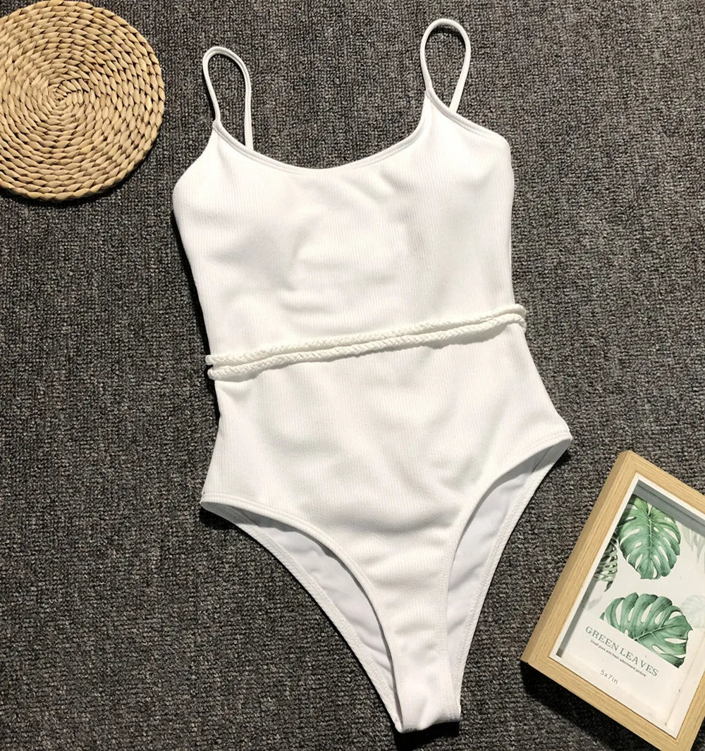 4 Colors Sexy One Piece Swimsuit Swimwear Women Solid Special Fabric Bathing Suit Beachwear with Waistband Maillot De Bain Femme