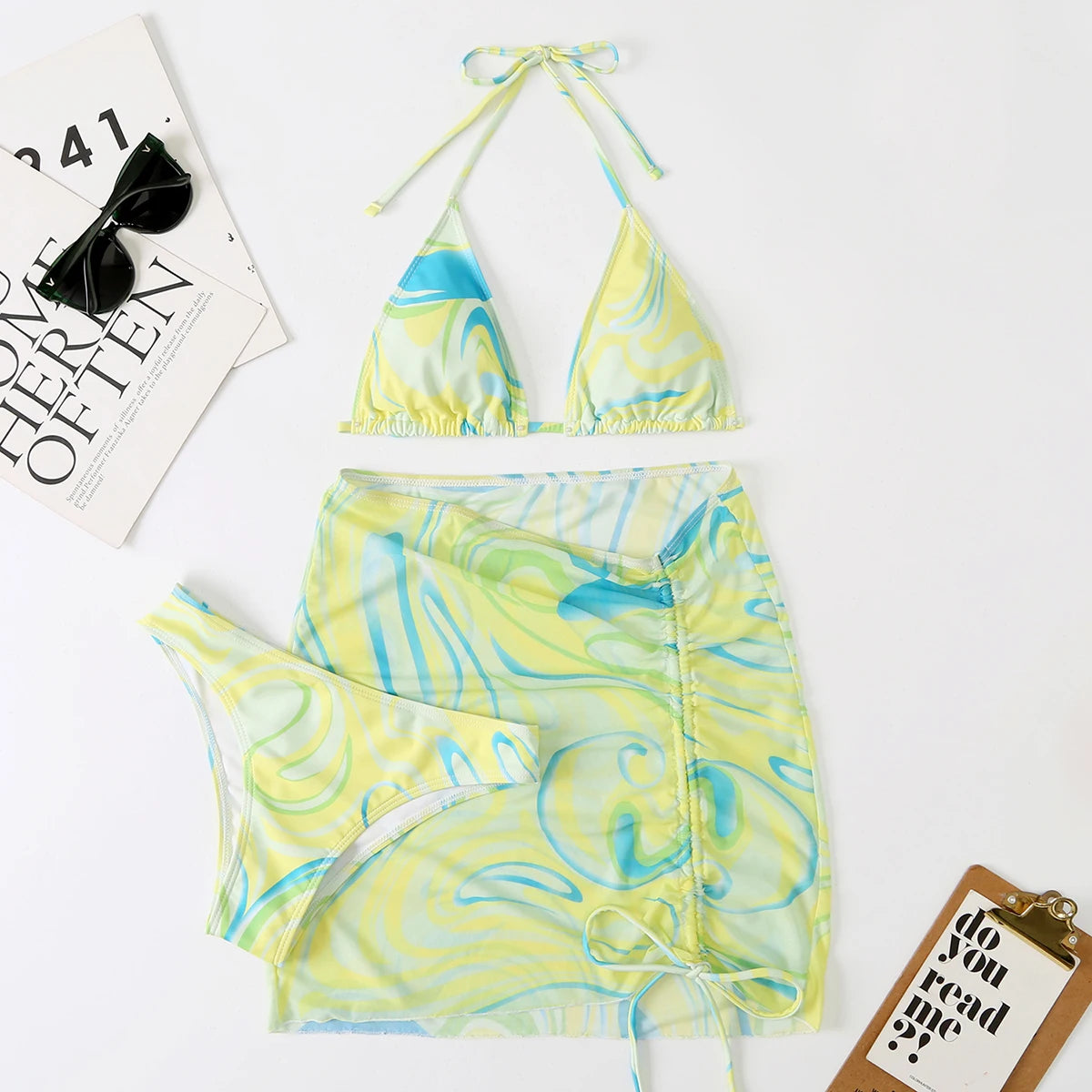 3 Pieces Bikini Set With SkirtTie Dye String Thong Bathing Suit Women Swimsuit FemaleSwimwear Beach Wear Swim Lady Summer