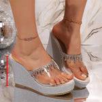 EUR Size 43 Silver Glitter Rhinestone Tassel PVC Slide Mules Slip On Wedge Platform Sandals Summer Beach Party Daily Shoes