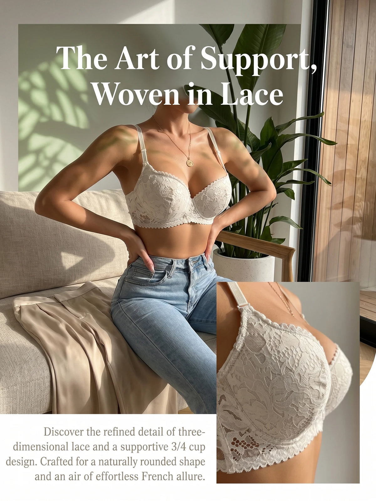 Women White Lace Bra Delicate Lace Back Adjustable Straps Padded Bralette Comfortable Everyday Backless Dress Lingerie B6127
