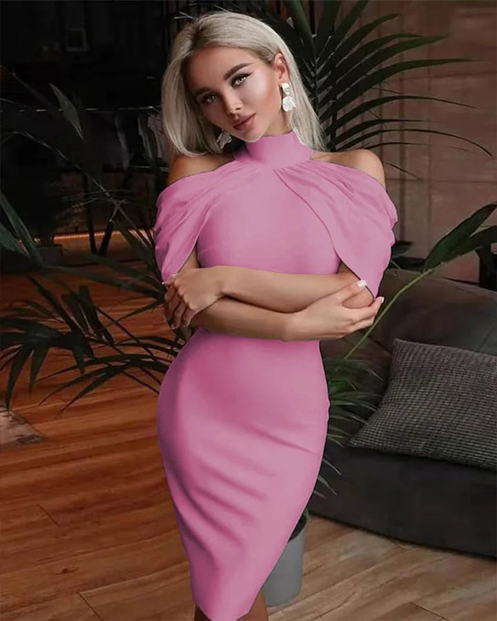 2024 New Solid Color Slim Midi Dresses Women Halter Neck Off Shoulder Package Hip Bodycon Elegant Temperament Ladies Party Dress