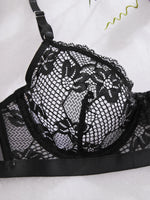 “Women's Black Lace Bra and Thong Set - Sexy Sheer Underwire Lingerie, Floral Embroidery, Seductive Nightwear”
