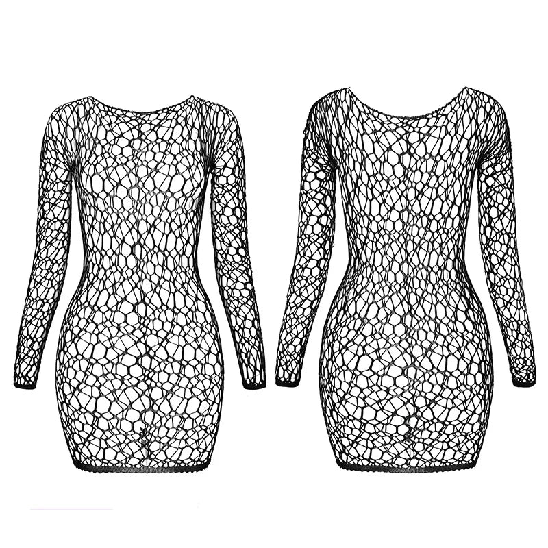 Women Sheer Mesh Long Sleeve Beach Cover Up, Sexy See-Through Fishnet Dress, Solid BodyconFor Summer Beach Party