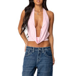 Women's Solid Color Cropped Halter Neck Cami Tops Sleeveless Open Back Deep V Neck Slim Fit Tank Tops