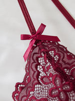 Date-specific Deep V cut WineRed lace one-piece dress. Lightweight sheer cross-strapped women's sexy lingerie set.