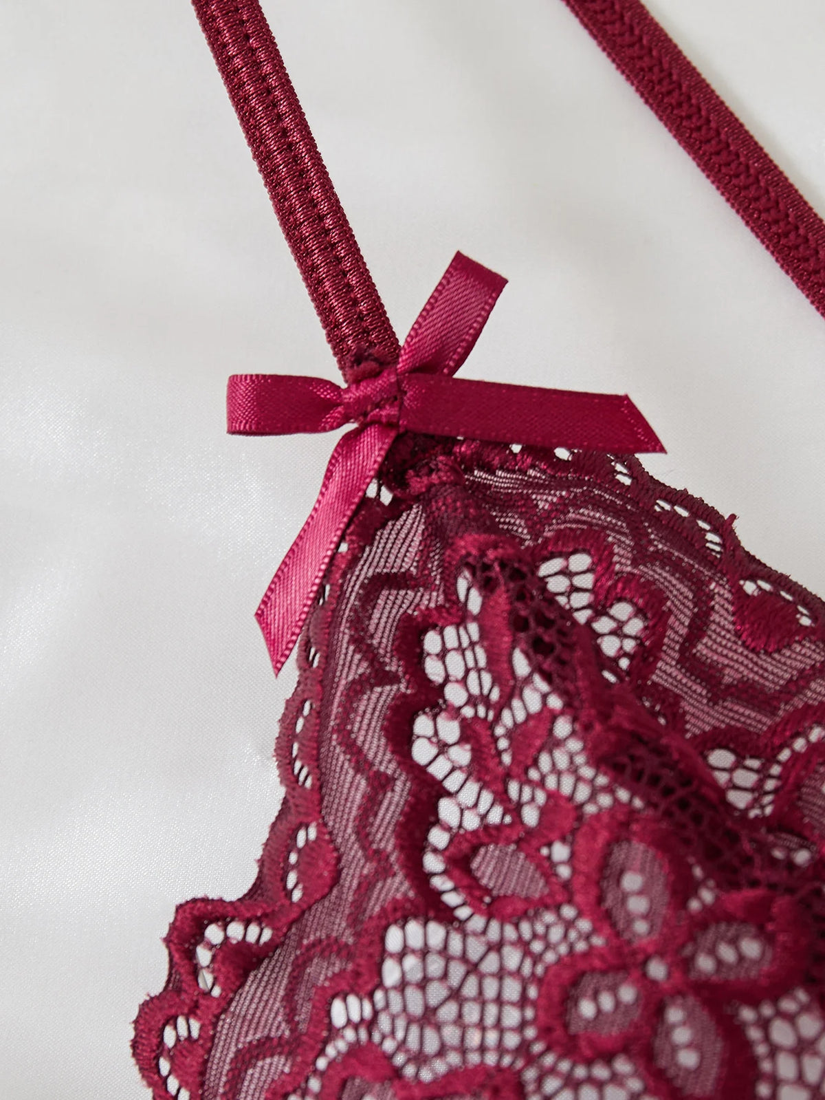 Date-specific Deep V cut WineRed lace one-piece dress. Lightweight sheer cross-strapped women's sexy lingerie set.
