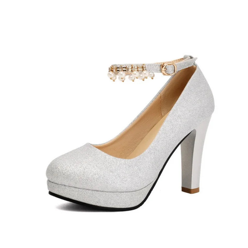 Elegant String Beads Women Wedding Shoes Bride Thin High Heels Gold Silver Pink 2026 Autumn Spring Plus Size 34-43 Lady