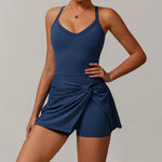Summer Tennis Dress Women Sleeveless V Neck Slim Skirt Pleate Twisted Design Crossed Hollow Out Sports Yoga Golf Skirt Badminton