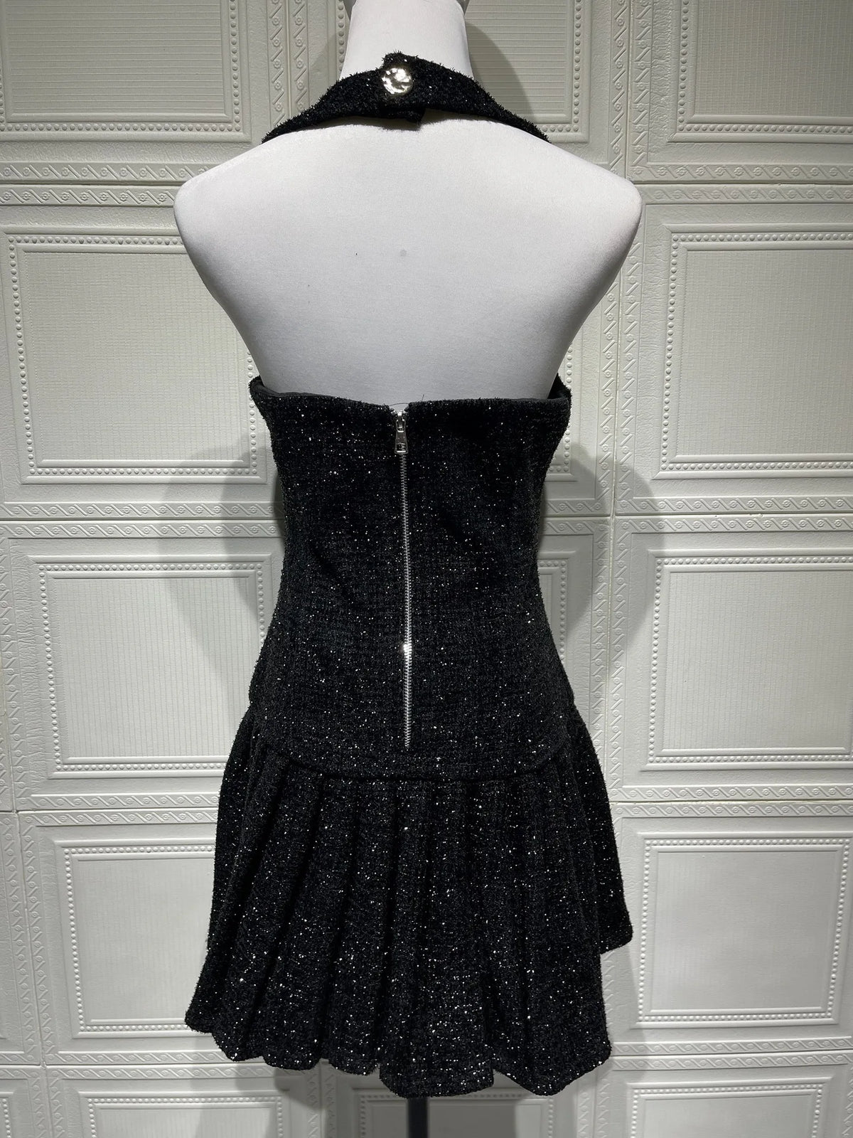 Temperament Elegant Women's Halter Neck Dress Solid Color Braid Fabric Pleated Short Dresses Socialite Commuting Style Vestidos