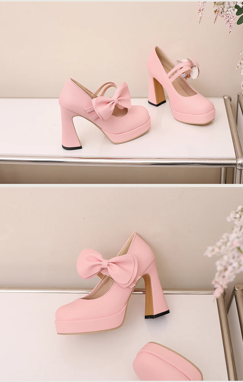 Plus Size Women's Bow Mary Janes Platform Chunky Heels Ankle Strap High Heel Pumps Sweet Lolita Party Dress Shoes