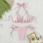 Sexy Pink Micro Thong Bikinis Sets Bead String Halter Swimwear Women Mini Swimsuit Bathing Suit Lace-up Biquinis Triangle Bikini