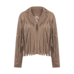 Women Spring Autumn Slim Long Sleeve Open Front Coat Solid Color Collared Jacket with Tassels Black/ Coffee/ Pink
