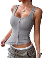 Button Detail Solid Women Tank Top Wireless Built-in Pads Camisole Daily Casual Sleeveless Vest Top